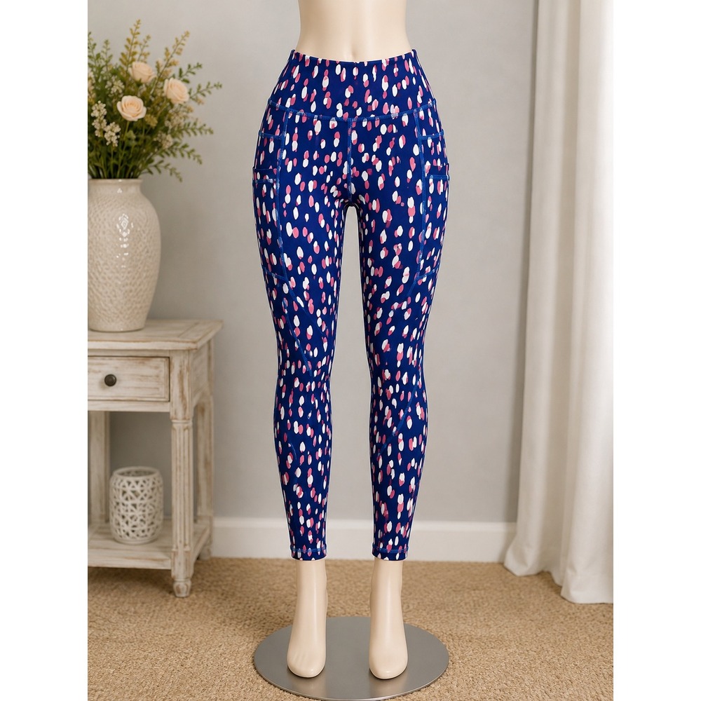 Zyia Active Blue Pink White Brushstroke Dot Pockets Leggings 6-8 Yoga Gym workou